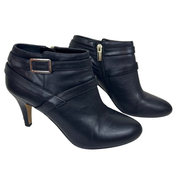 Vince Camuto Women’s 7.5M Black Leather Ankle Booties Zip Buckle Strap Heel - Picture 2 of 12